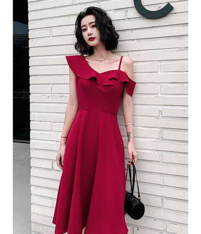 Asymmetrical Spaghetti Strap Ruffled Plain A-Line Cocktail Dress