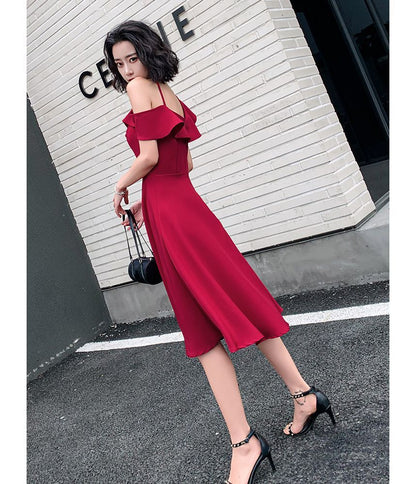 Asymmetrical Spaghetti Strap Ruffled Plain A-Line Cocktail Dress