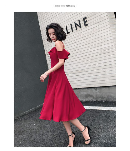 Asymmetrical Spaghetti Strap Ruffled Plain A-Line Cocktail Dress