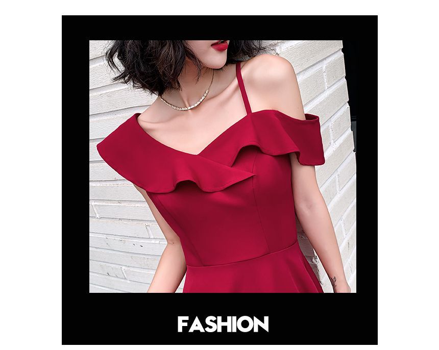 Asymmetrical Spaghetti Strap Ruffled Plain A-Line Cocktail Dress