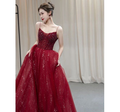 Mesh Strap Sequined Evening A-Line Spaghetti Gown