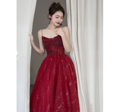 Mesh Strap Sequined Evening A-Line Spaghetti Gown