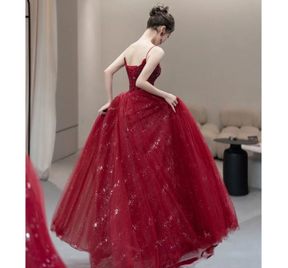 Mesh Strap Sequined Evening A-Line Spaghetti Gown