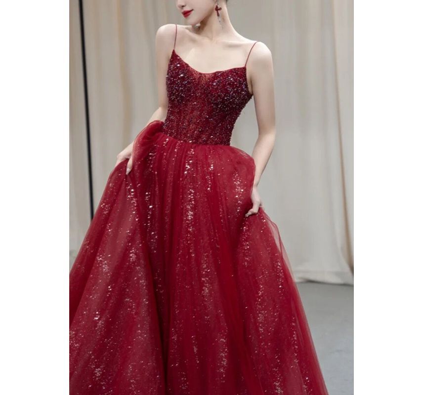 Mesh Strap Sequined Evening A-Line Spaghetti Gown