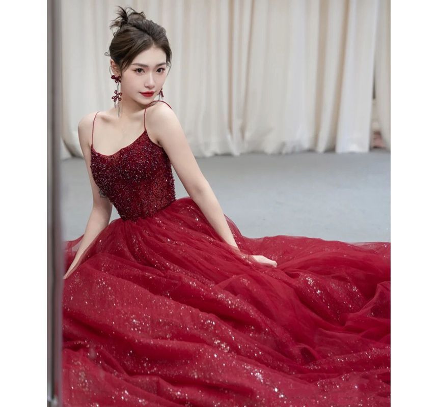 Mesh Strap Sequined Evening A-Line Spaghetti Gown