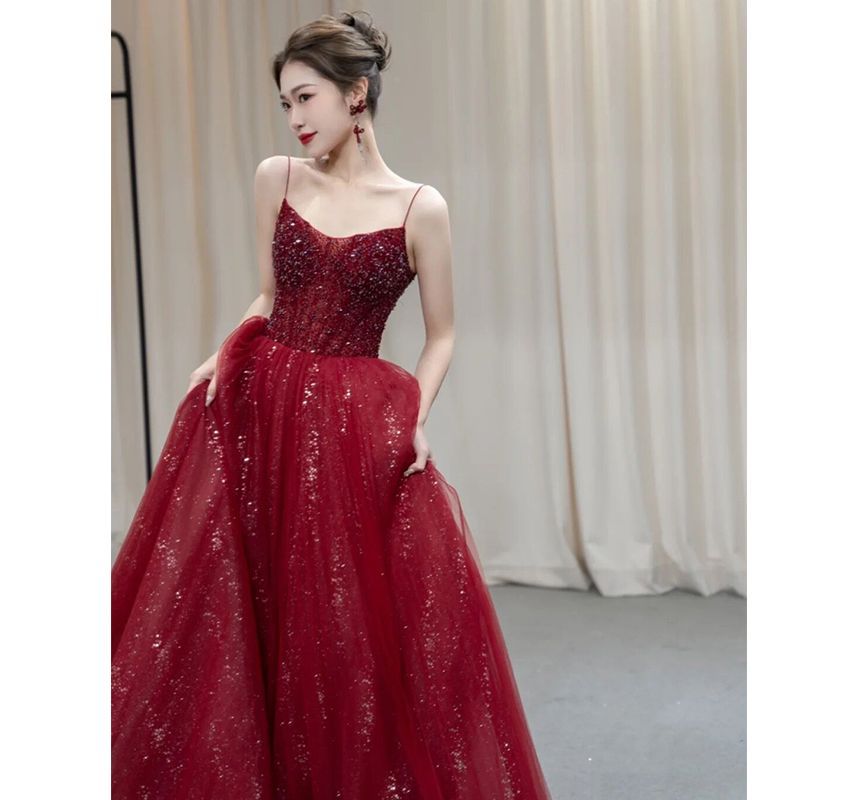 Mesh Strap Sequined Evening A-Line Spaghetti Gown