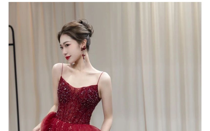 Mesh Strap Sequined Evening A-Line Spaghetti Gown