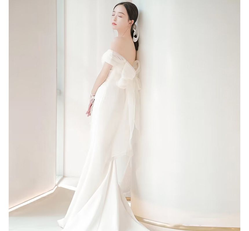 Panel Shoulder Bow Short-Sleeve Plain Gown Wedding Mesh Ruched Off Mermaid