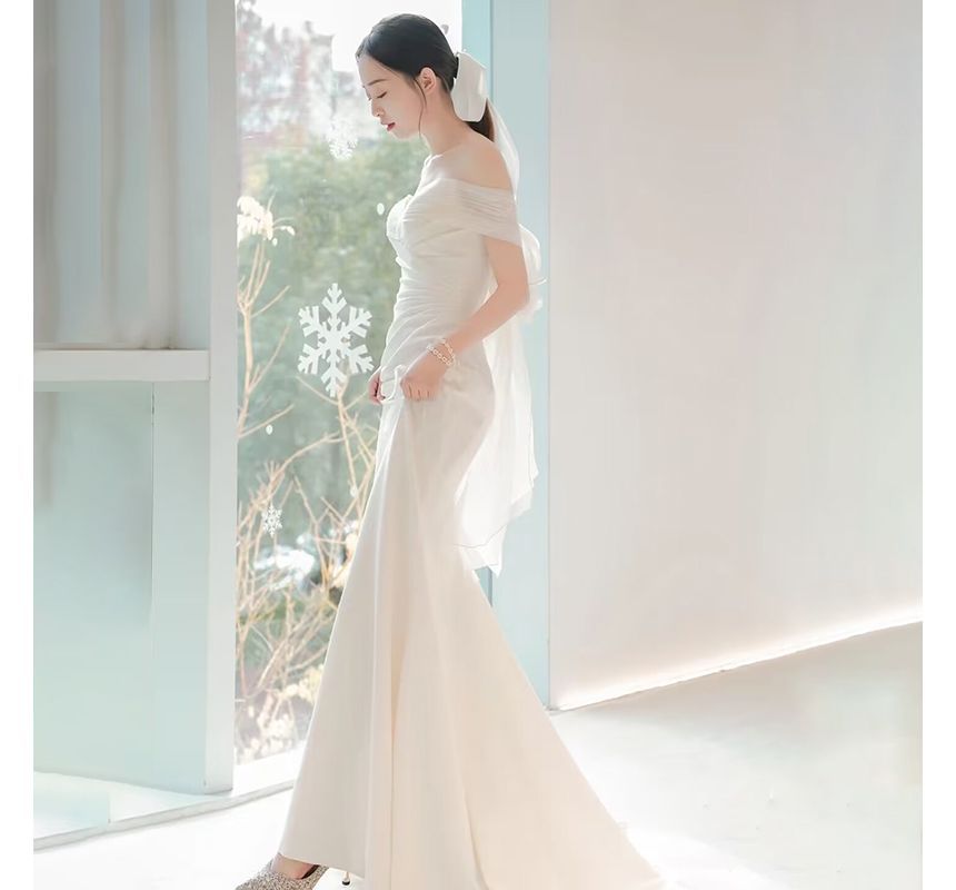 Panel Shoulder Bow Short-Sleeve Plain Gown Wedding Mesh Ruched Off Mermaid