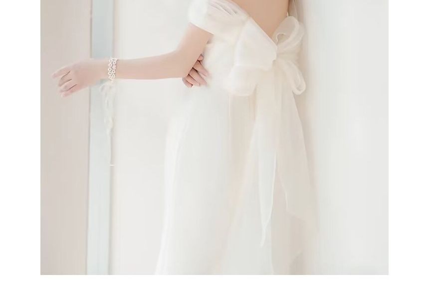 Panel Shoulder Bow Short-Sleeve Plain Gown Wedding Mesh Ruched Off Mermaid