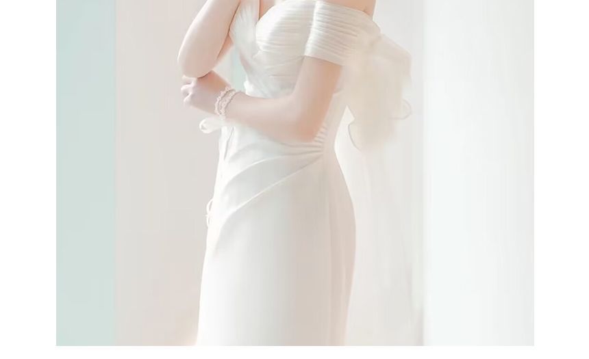 Panel Shoulder Bow Short-Sleeve Plain Gown Wedding Mesh Ruched Off Mermaid
