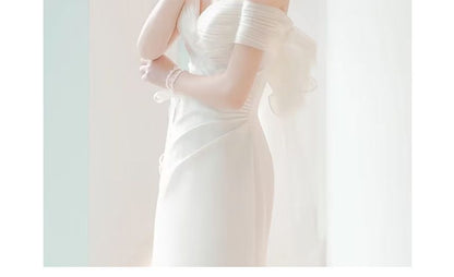 Panel Shoulder Bow Short-Sleeve Plain Gown Wedding Mesh Ruched Off Mermaid