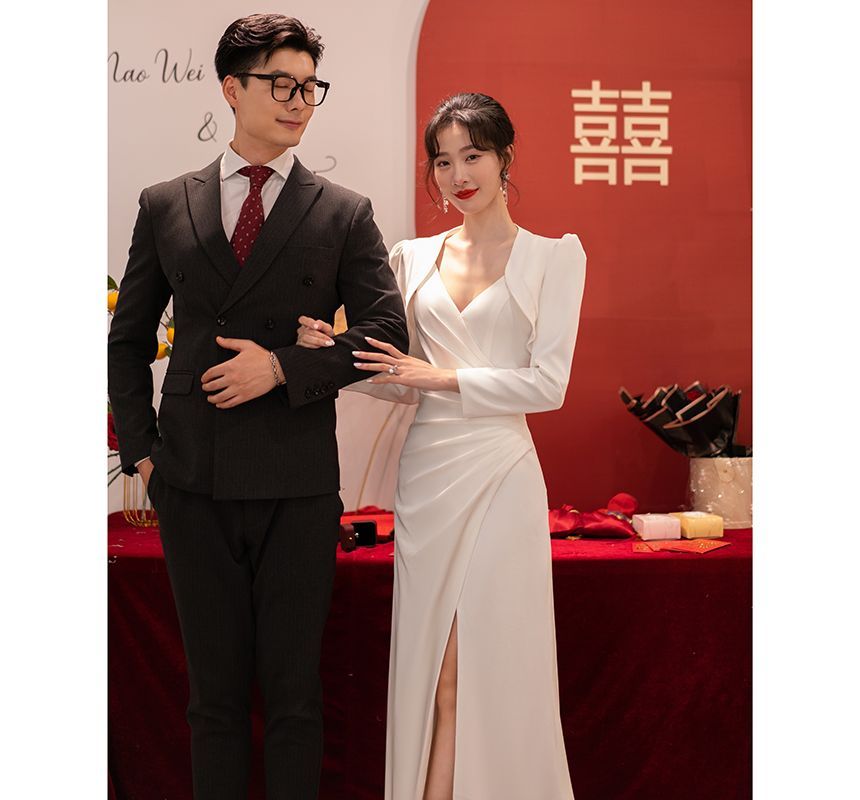 A-Line Slit Strap Spaghetti Wrap Bolero Wedding Ruched V-Neck / Gown Plain Set