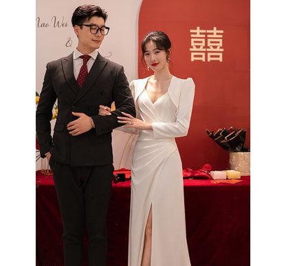 Spaghetti Strap V-Neck Plain Ruched Slit A-Line Wrap Wedding Gown / Bolero / Set