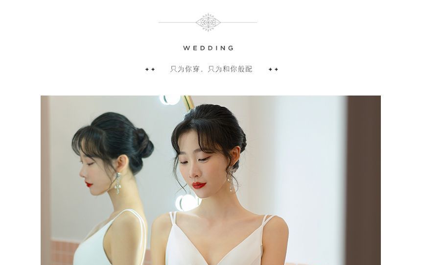 A-Line Slit Strap Spaghetti Wrap Bolero Wedding Ruched V-Neck / Gown Plain Set