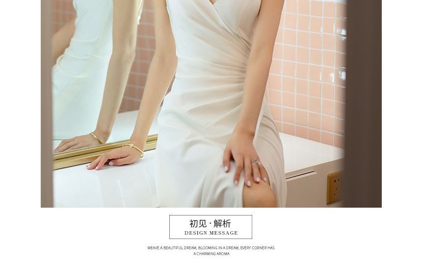 Spaghetti Strap V-Neck Plain Ruched Slit A-Line Wrap Wedding Gown / Bolero / Set