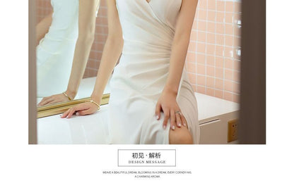 Spaghetti Strap V-Neck Plain Ruched Slit A-Line Wrap Wedding Gown / Bolero / Set