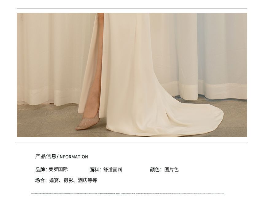 Spaghetti Strap V-Neck Plain Ruched Slit A-Line Wrap Wedding Gown / Bolero / Set