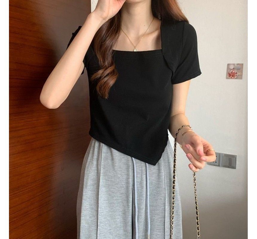 Short-Sleeve Square Neck Irregular Cropped T-Shirt