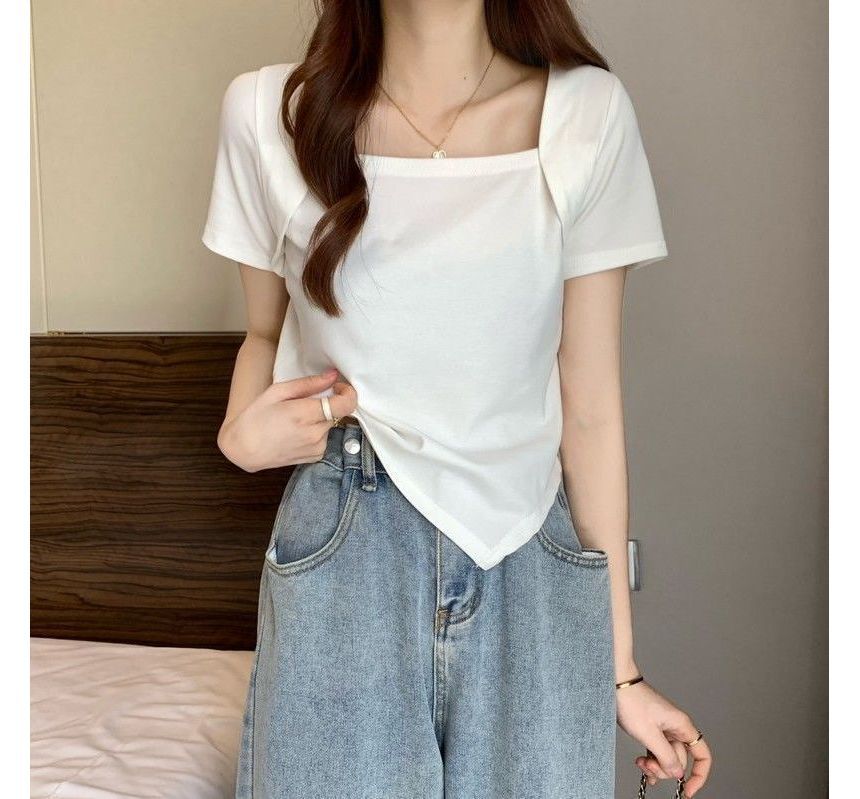 Short-Sleeve Square Neck Irregular Cropped T-Shirt