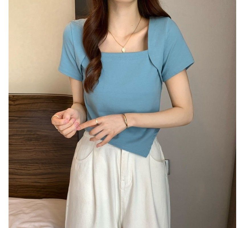 Short-Sleeve Square Neck Irregular Cropped T-Shirt