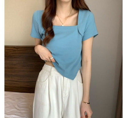 Short-Sleeve Square Neck Irregular Cropped T-Shirt