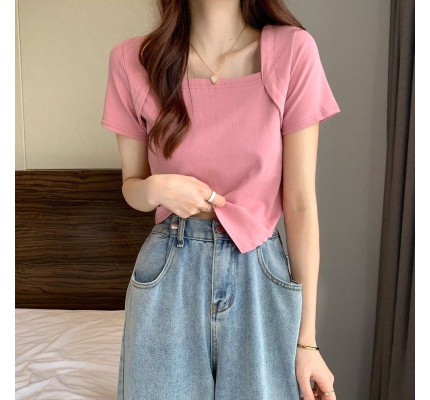 Short-Sleeve Square Neck Irregular Cropped T-Shirt