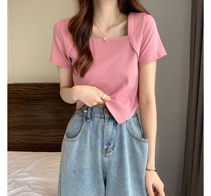 Short-Sleeve Square Neck Irregular Cropped T-Shirt