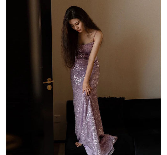 Spaghetti Strap Plain Sequin Sheath Evening Gown
