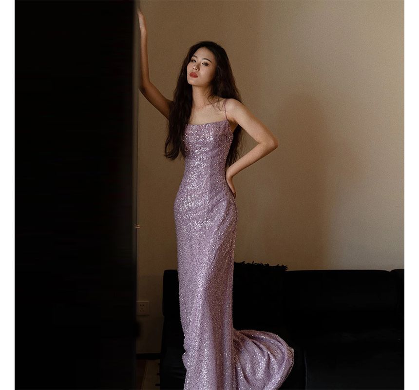 Strap Sequin Sheath Plain Evening Gown Spaghetti
