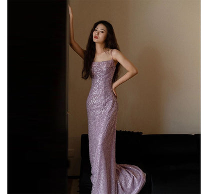 Strap Sequin Sheath Plain Evening Gown Spaghetti