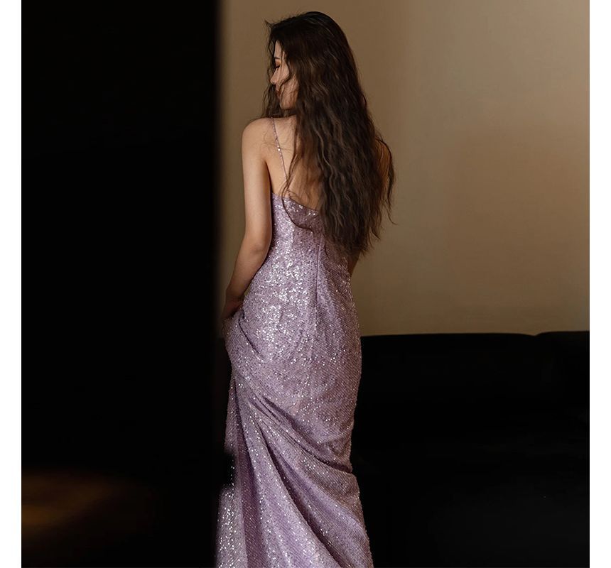 Strap Sequin Sheath Plain Evening Gown Spaghetti