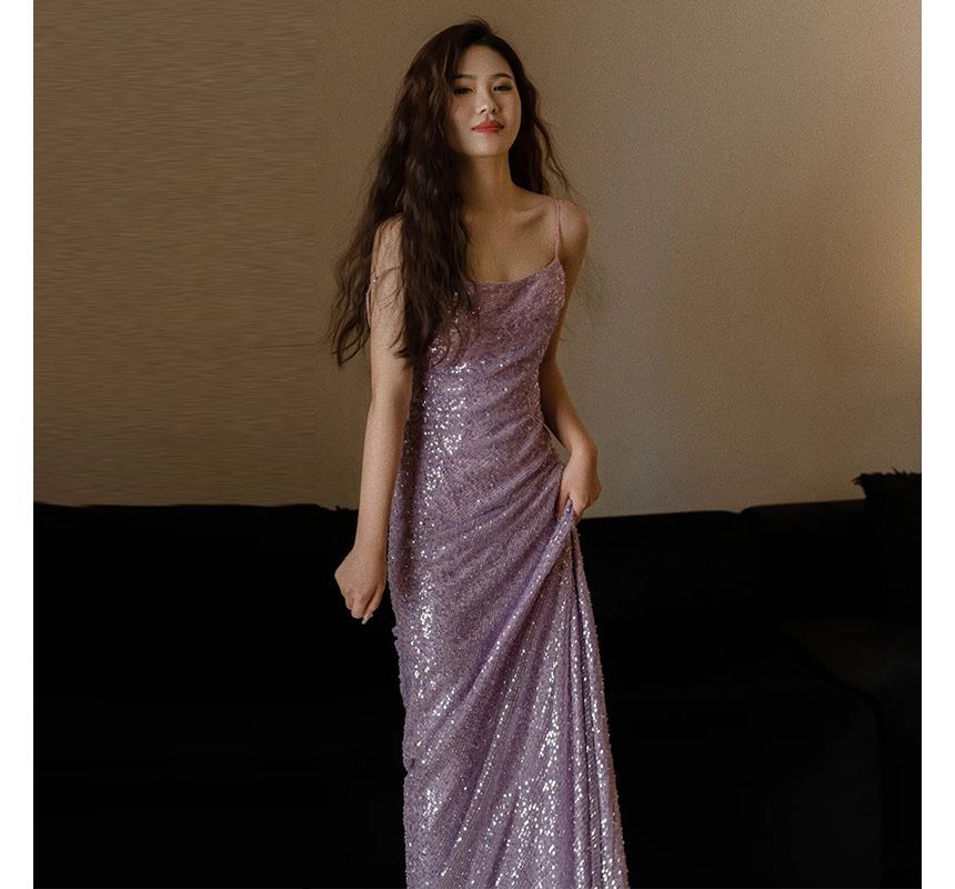 Strap Sequin Sheath Plain Evening Gown Spaghetti