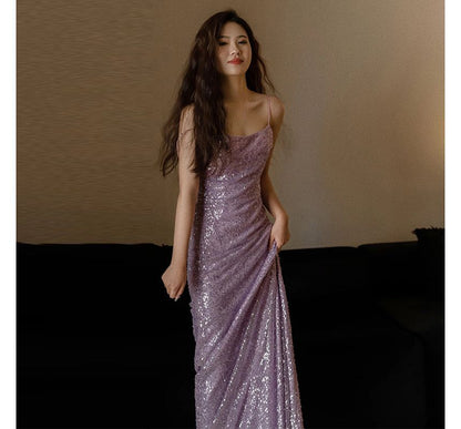 Strap Sequin Sheath Plain Evening Gown Spaghetti