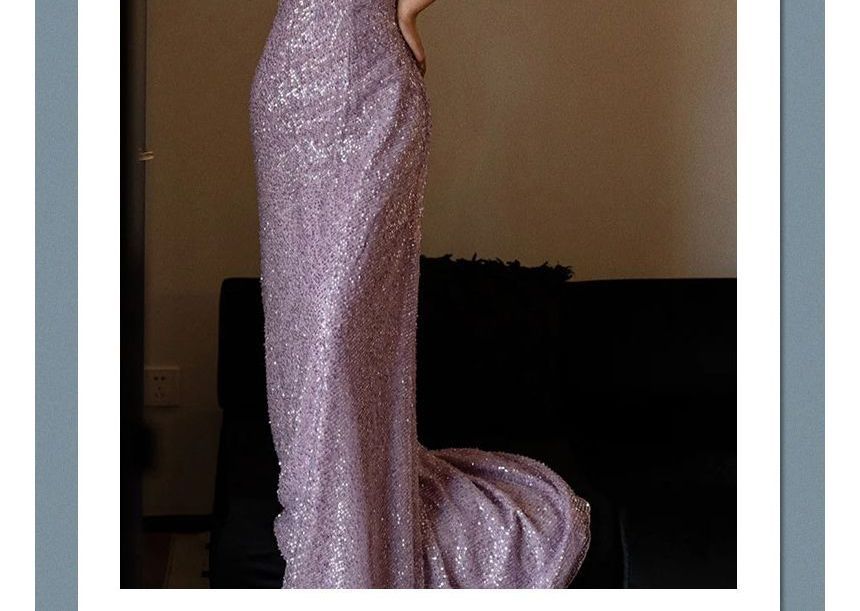 Spaghetti Strap Plain Sequin Sheath Evening Gown