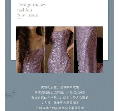 Spaghetti Strap Plain Sequin Sheath Evening Gown