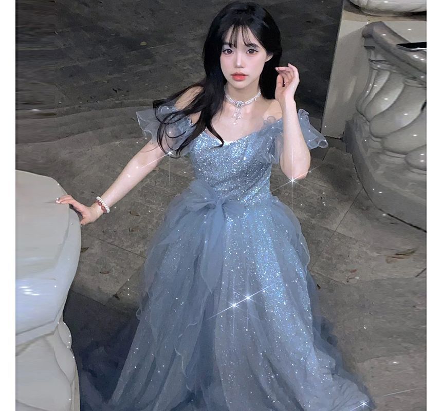 Gown Short-Sleeve Evening Mesh Shoulder Glitter Off A-Line Panel