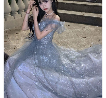 Gown Short-Sleeve Evening Mesh Shoulder Glitter Off A-Line Panel