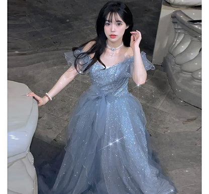 Gown Short-Sleeve Evening Mesh Shoulder Glitter Off A-Line Panel