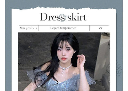 Gown Short-Sleeve Evening Mesh Shoulder Glitter Off A-Line Panel