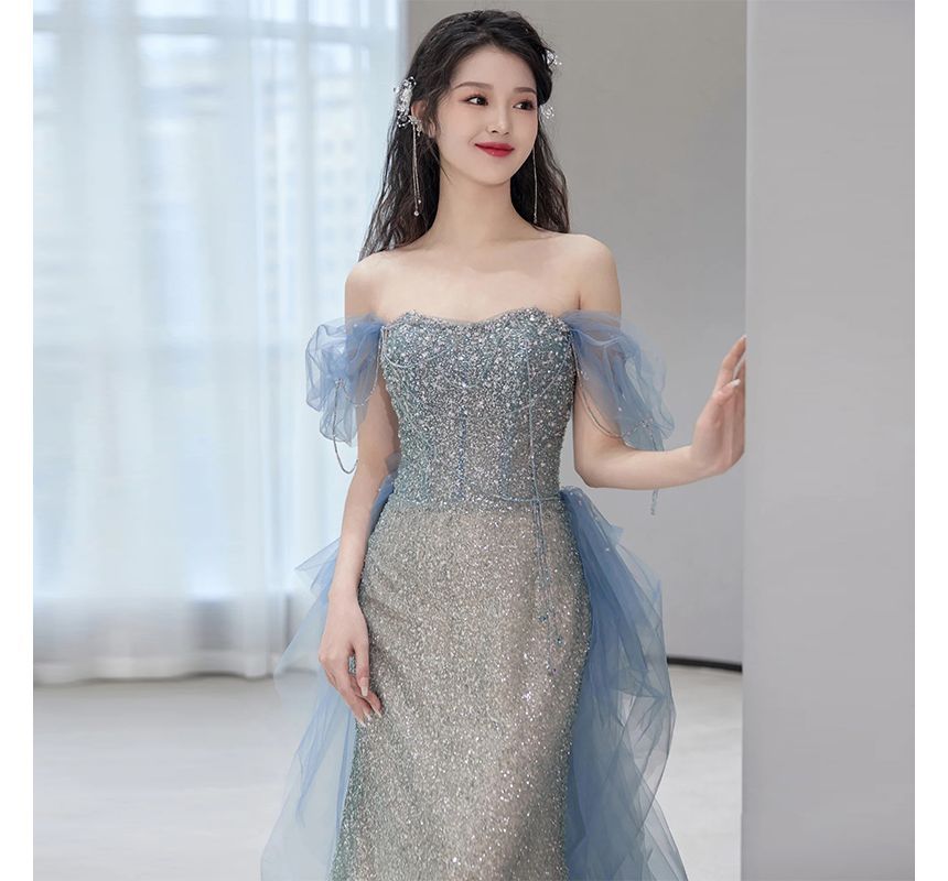 Short-Sleeve Off Shoulder Gradient Sequin Panel Mesh Mermaid Evening Gown