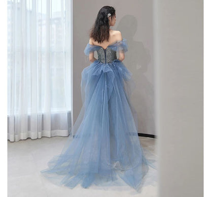 Short-Sleeve Off Panel Evening Shoulder Mesh Gown Sequin Gradient Mermaid