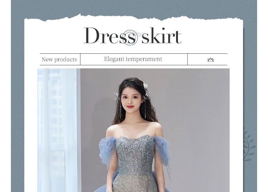 Short-Sleeve Off Shoulder Gradient Sequin Panel Mesh Mermaid Evening Gown