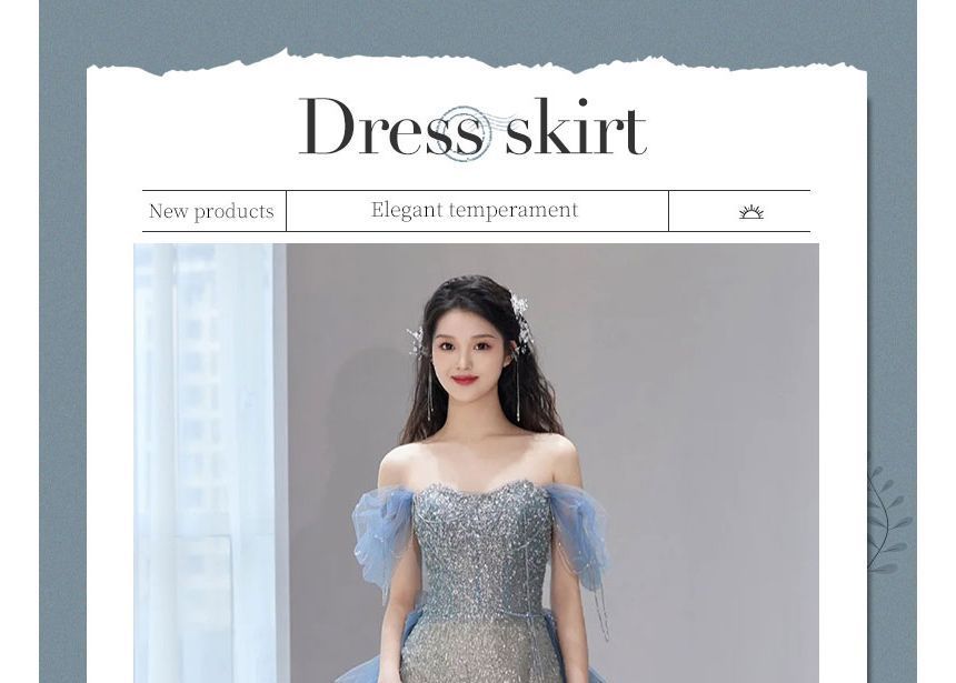 Short-Sleeve Off Panel Evening Shoulder Mesh Gown Sequin Gradient Mermaid
