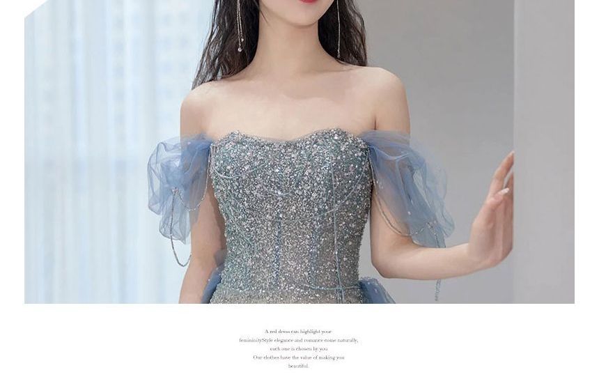 Short-Sleeve Off Panel Evening Shoulder Mesh Gown Sequin Gradient Mermaid