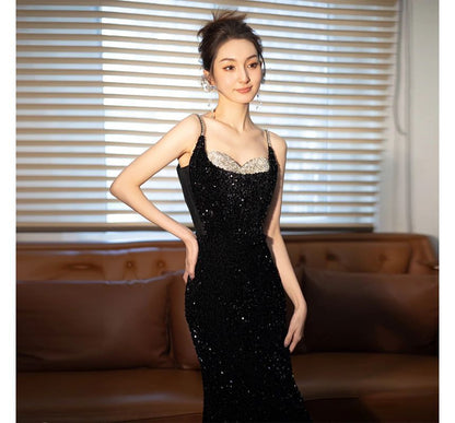 Two Evening Panel Strap Spaghetti Mesh Tone Sequin Gown Mermaid