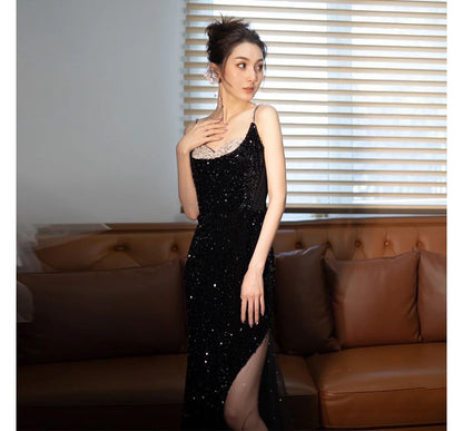 Two Evening Panel Strap Spaghetti Mesh Tone Sequin Gown Mermaid