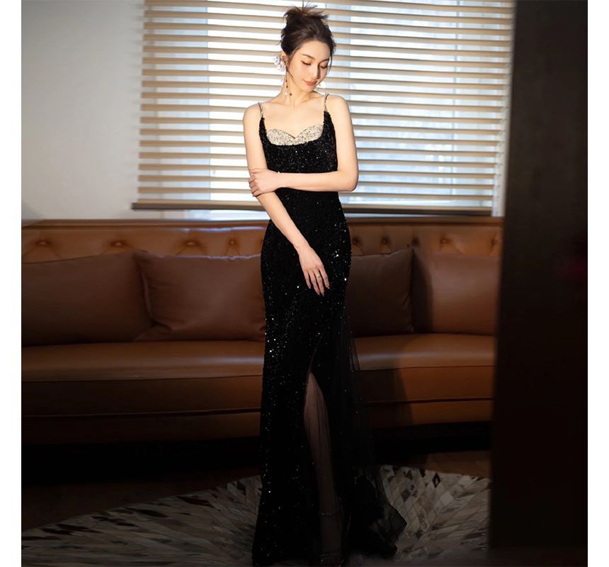 Two Evening Panel Strap Spaghetti Mesh Tone Sequin Gown Mermaid