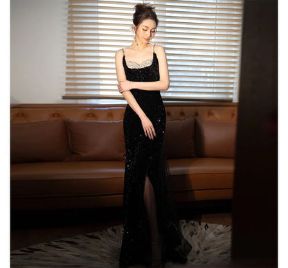 Two Evening Panel Strap Spaghetti Mesh Tone Sequin Gown Mermaid