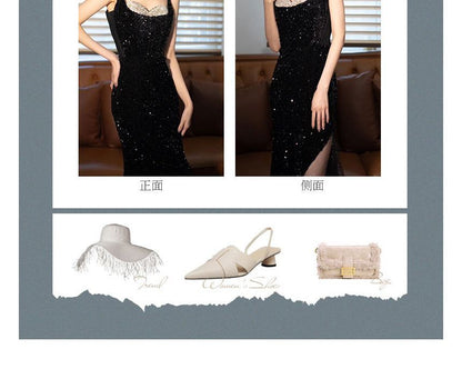 Two Evening Panel Strap Spaghetti Mesh Tone Sequin Gown Mermaid